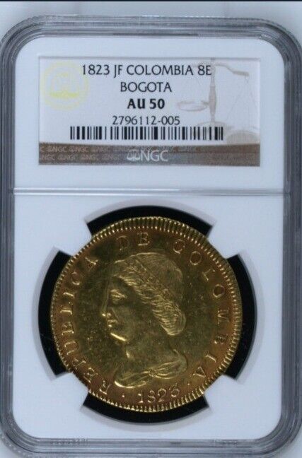 1823 JF COLOMBIA BOGOTA 8E only 5 AU50 ! GOLD Coin very RARE NGC graded