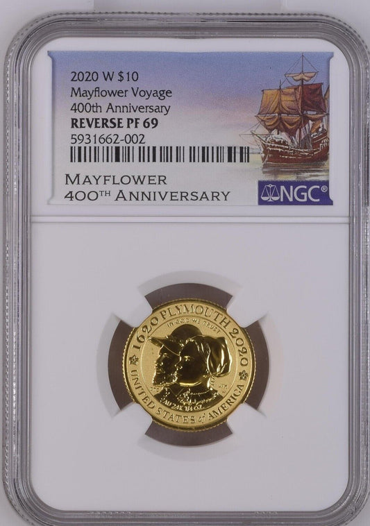 PF69 Mayflower 400th Anniversary Gold Reverse Proof rare Coin - 0.25OZ OF GOLD