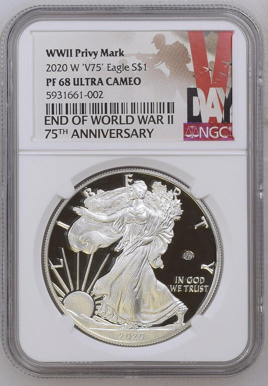 2020-W $1 V75 WWII Privy Mark American Silver Eagle NGC PF68 Ultra Cameo COIN