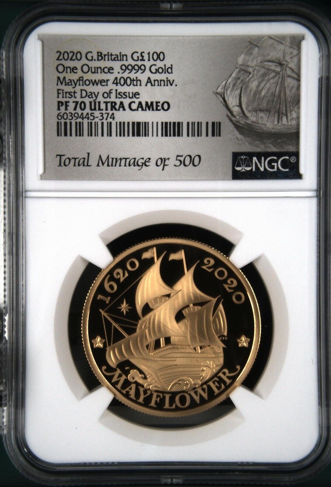 2020 PF70UC G. Britain G100 Pound 1oz Gold Coin Mayflower 400th Anniv. NGC