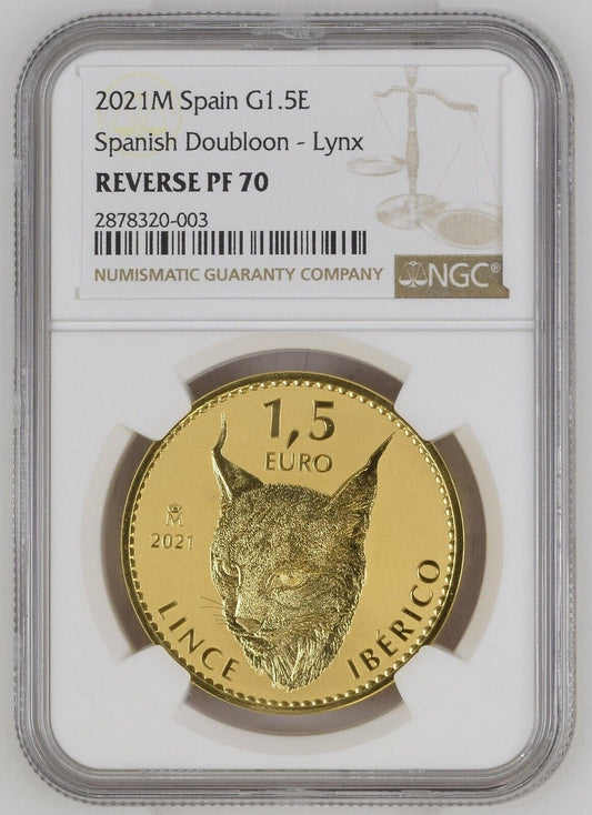 2021-M NGC Spain 1.5 Gold coin Spanish Doubloon Lynx Reverse Proof PF70 TOP POP