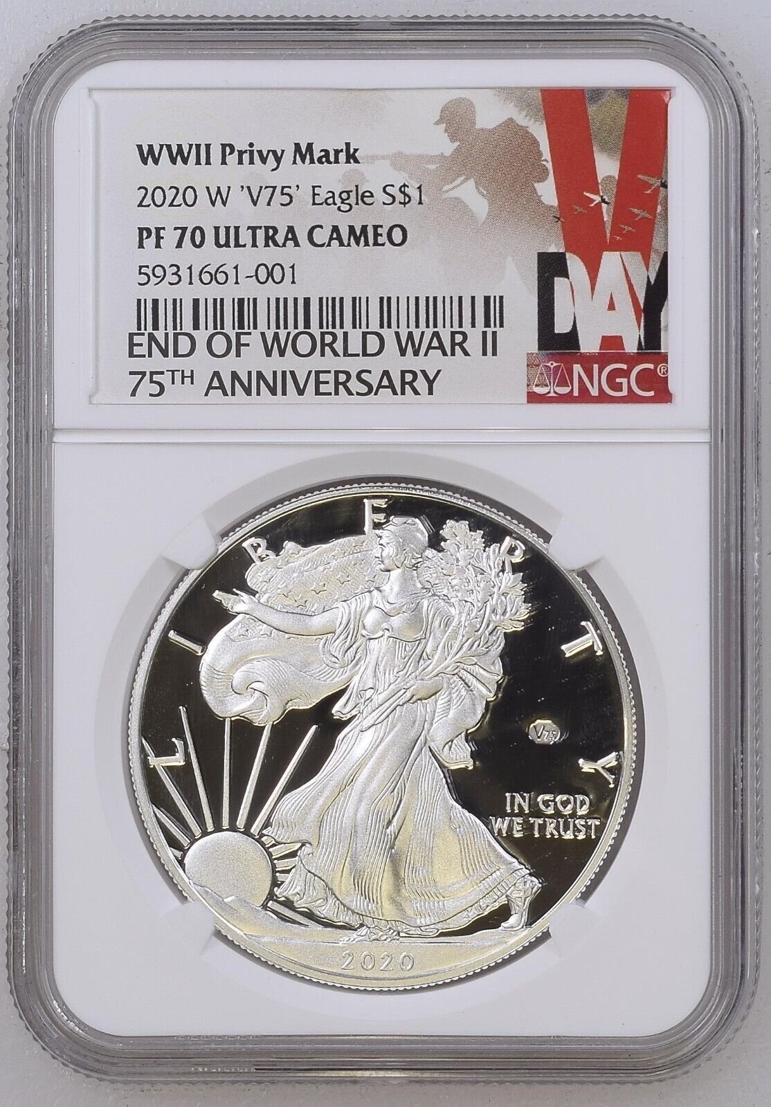 2020-W $1 V75 WWII Privy Mark American Silver Eagle NGC PF70 Ultra Cameo COIN