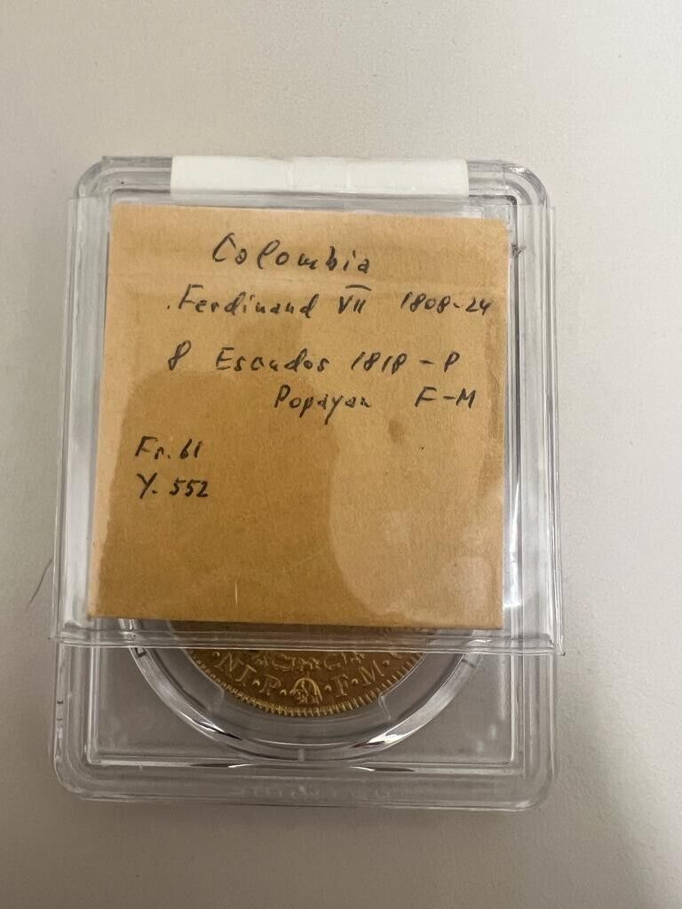 COLOMBIA. 8 Escudos, 1818-P FM . Ferdinand VII. AU-55. gold ONLY Pop Higher = 3