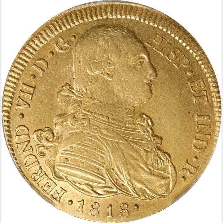 COLOMBIA. 8 Escudos, 1818-P FM . Ferdinand VII. AU-55. gold ONLY Pop Higher = 3