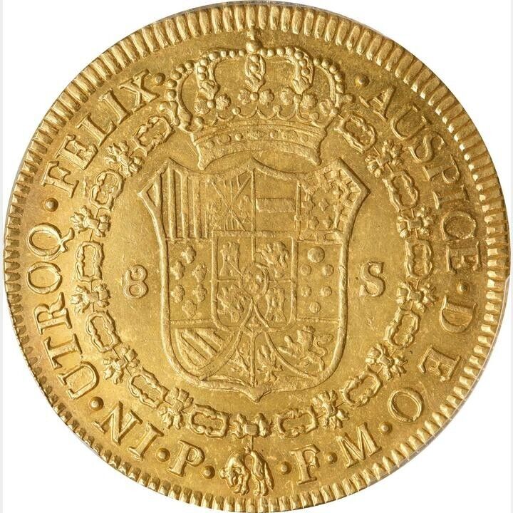 COLOMBIA. 8 Escudos, 1818-P FM . Ferdinand VII. AU-55. gold ONLY Pop Higher = 3