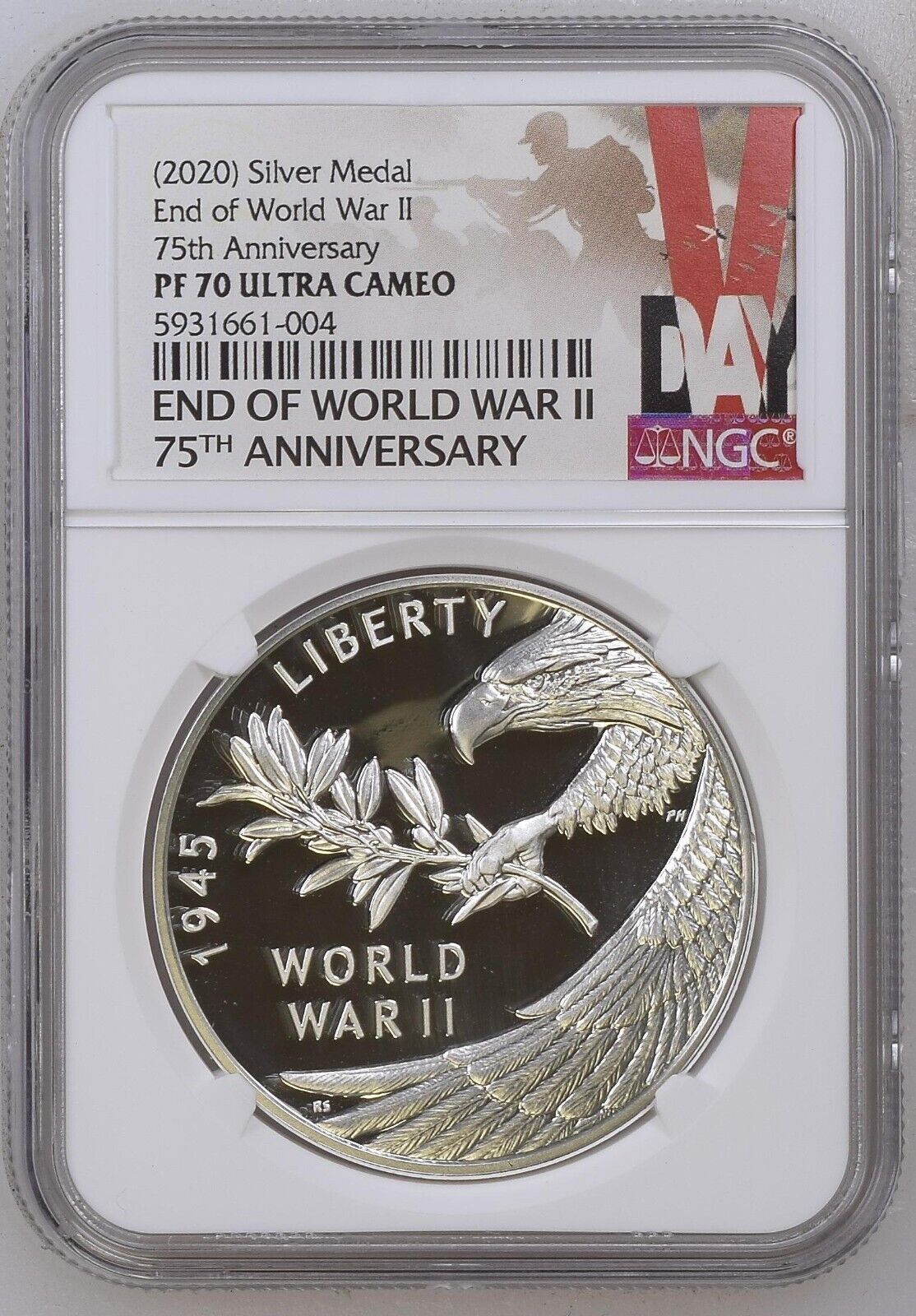 2020 P End of World War 2, WW2 75th Anniversary 1oz Silver Medal Eagle NGC PF70