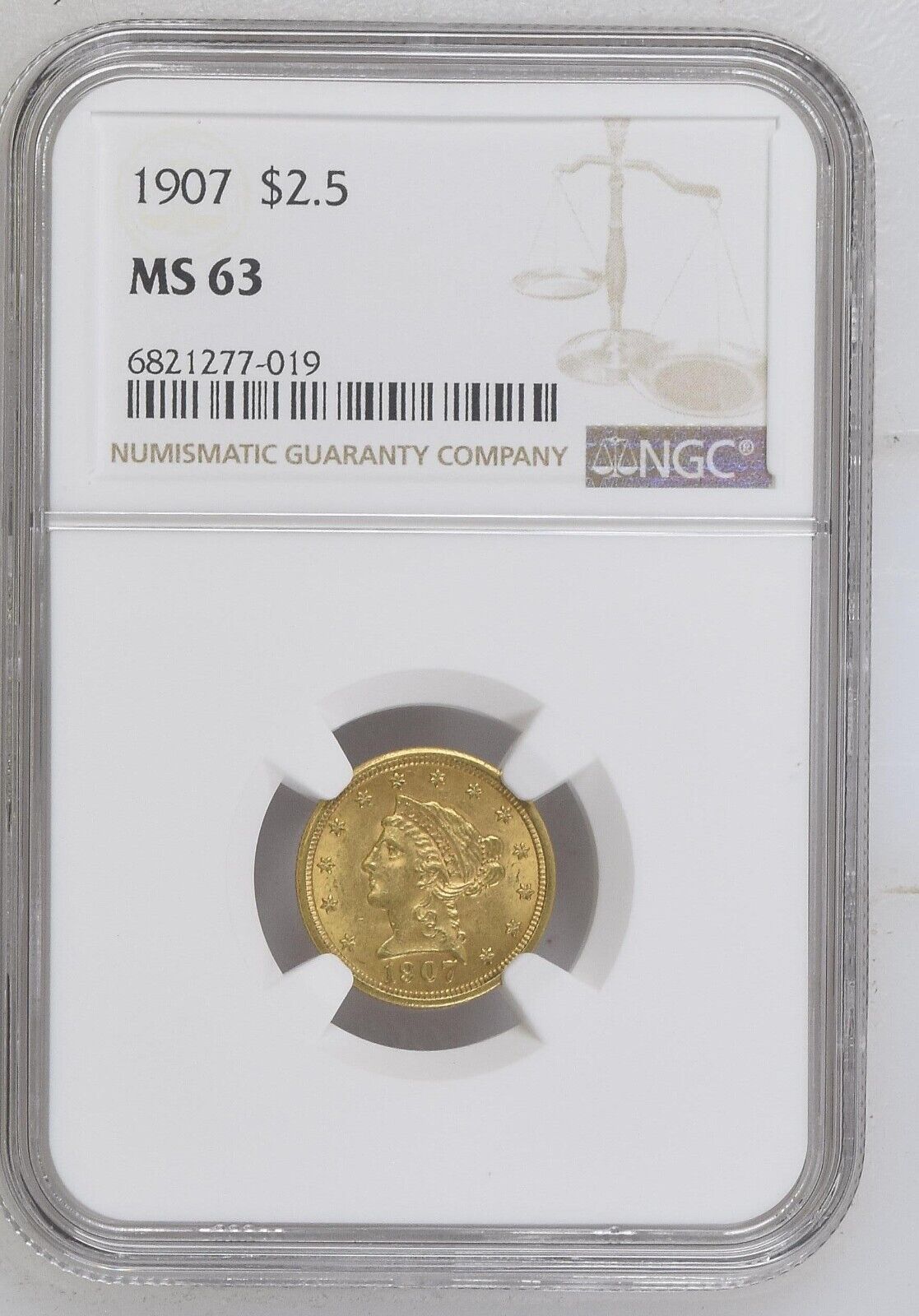 1907 Liberty Head $2.5 Gold Quarter Eagle NGC MS63 high grade gold coin