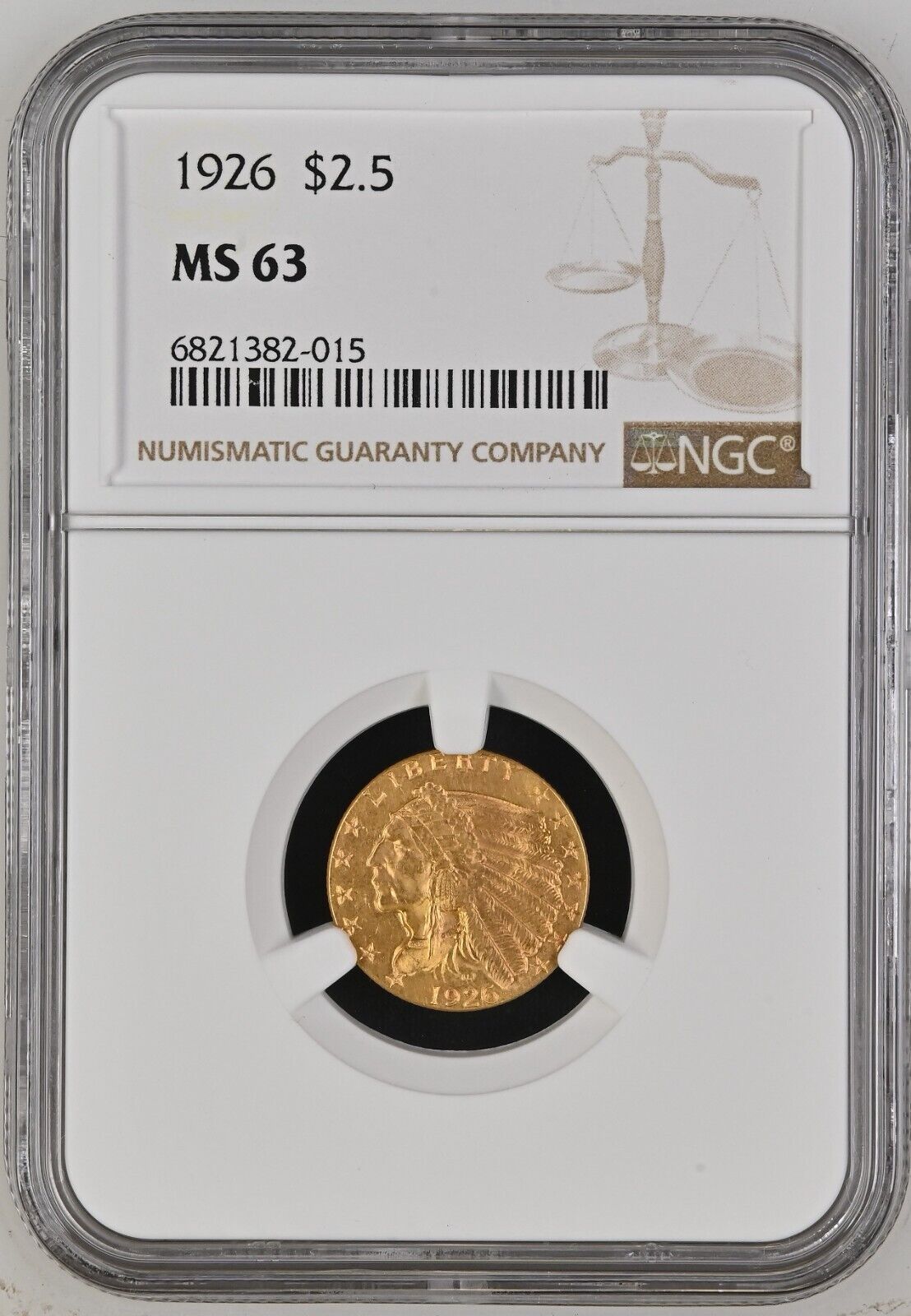 1926 $2.5 Indian Head Gold Quarter Eagle $2 1/2 - NGC MS63 - Beautiful gold coin