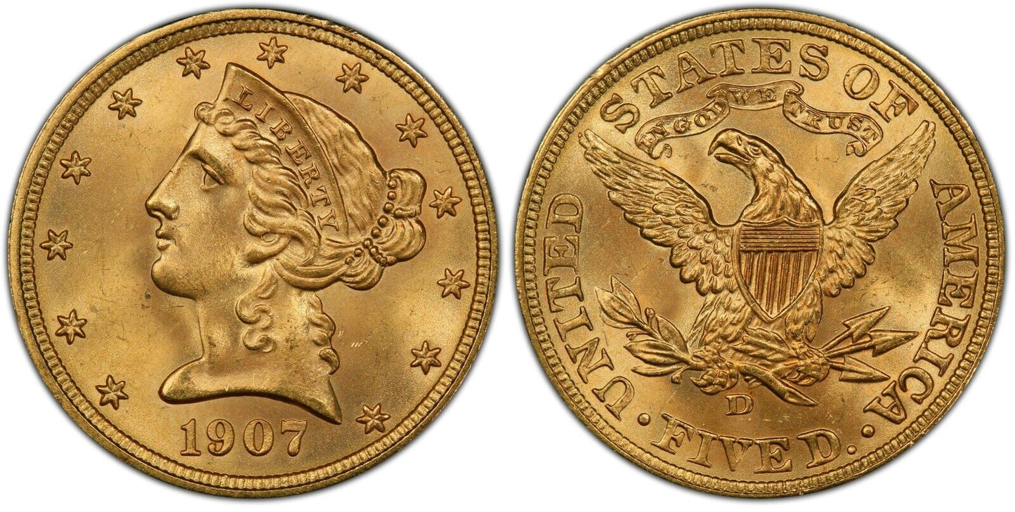 1907-D $5 Five Dollar Gold Liberty Head Liberty Half Eagle Coin PCGS MS-64+