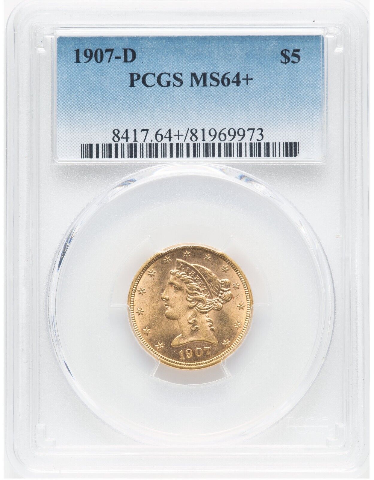 1907-D $5 Five Dollar Gold Liberty Head Liberty Half Eagle Coin PCGS MS-64+